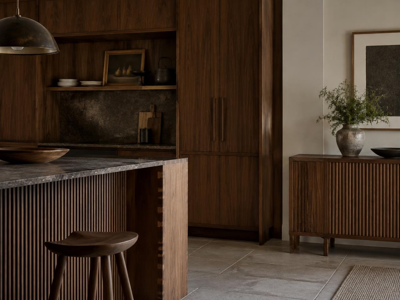Bespoke cabinetry by JW Joinery — fluted walnut kitchen & sideboard