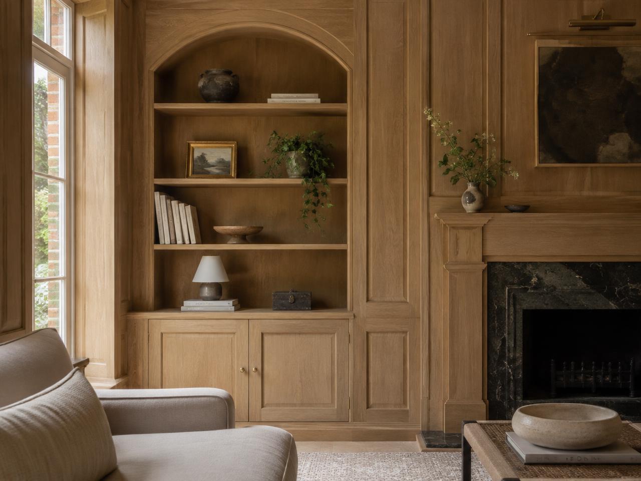 Custom woodwork by JW Joinery — oak alcove shelving & wall panelling